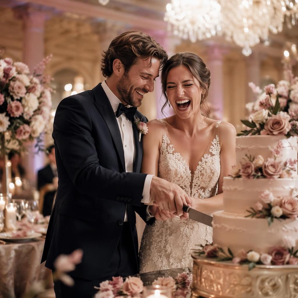 Brautpaar lacht beim Anschneiden der Hochzeitstorte in elegantem Ballsaal mit natürlichem Licht und dusty-rose Deko.