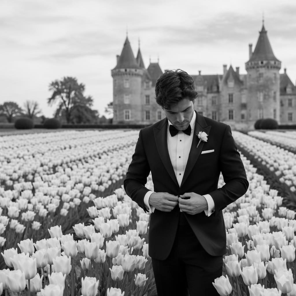Marié se préparant dans un château, vue sur un champ de tulipes aux Pays-Bas, photo de mariage en noir et blanc