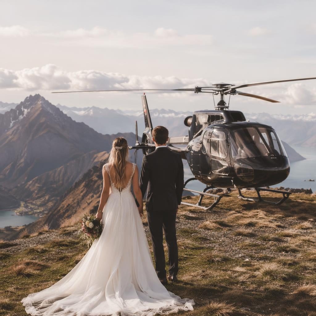 Brautpaar beim Ehegelübde an einem Strand in Neuseeland, Berge und Helikopter im Hintergrund, Pastelltöne