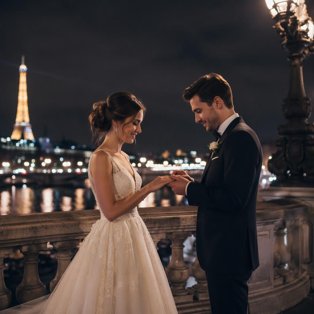 Échange des alliances lors d’un mariage élégant, sur un pont de la Seine la nuit, tons rose poudré et lumière naturelle.