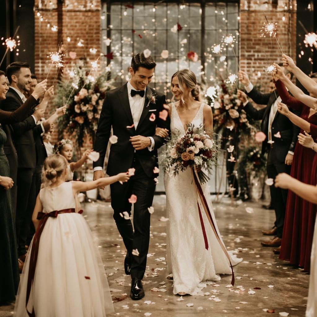 Niña de flores lanzando pétalos en boda con bengalas, en loft industrial urbano de invierno, tonos burdeos y dorado.