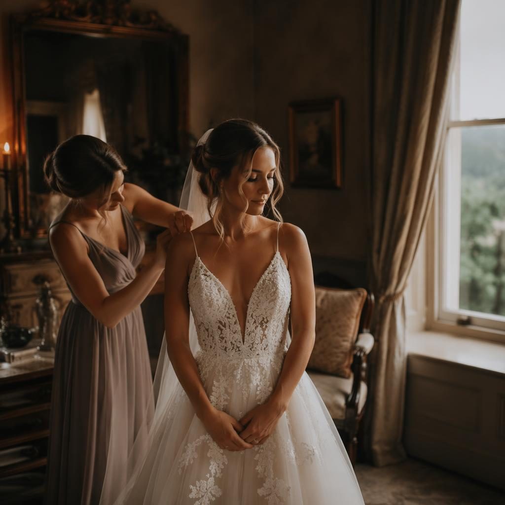Bride getting ready before an English manor lawn ceremony, moody warm sunset light, elegant wedding details and natural styling.