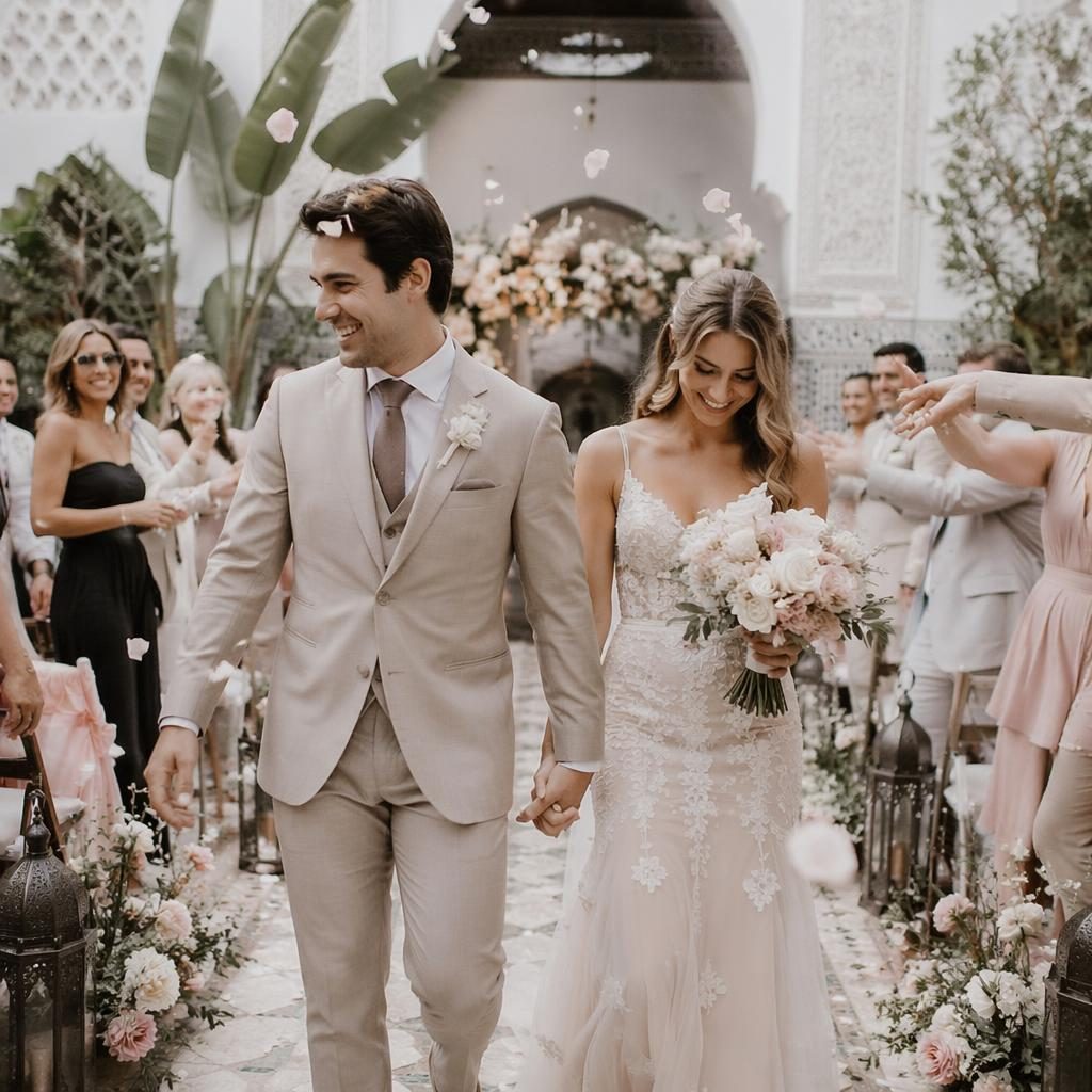 Pareja de boda en salida ceremonial junto al acantilado y el mar, con patio de riad marroquí, luz natural y tonos blush