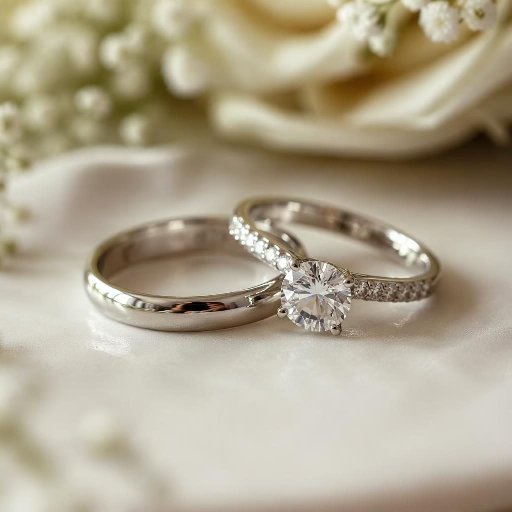 Couple de mariés sur une falaise face à l’océan et au glacier, lumière naturelle, détails de bague de mariage en or blanc