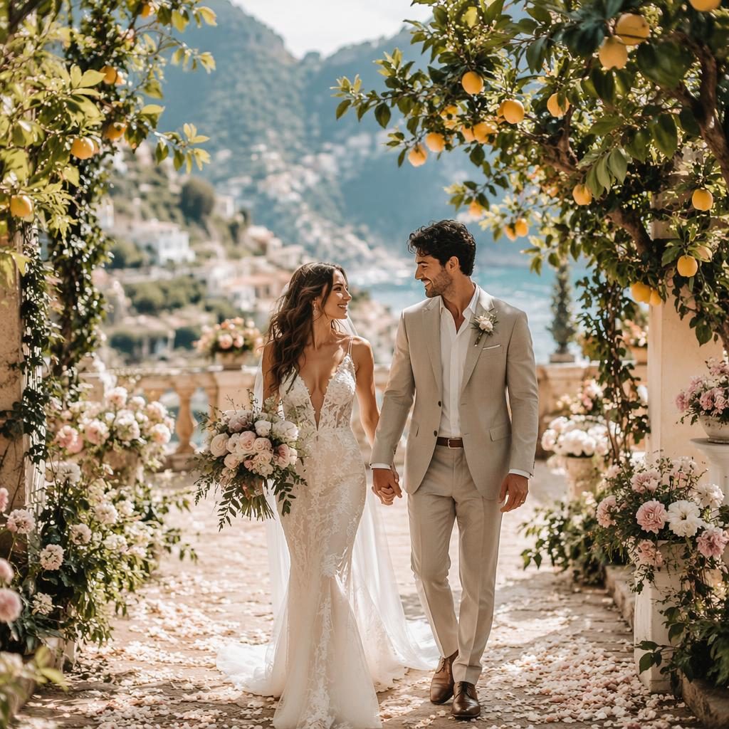 Bride and groom walk through an Amalfi lemon grove at a tropical resort, dusty rose tones, natural light, cinematic style.