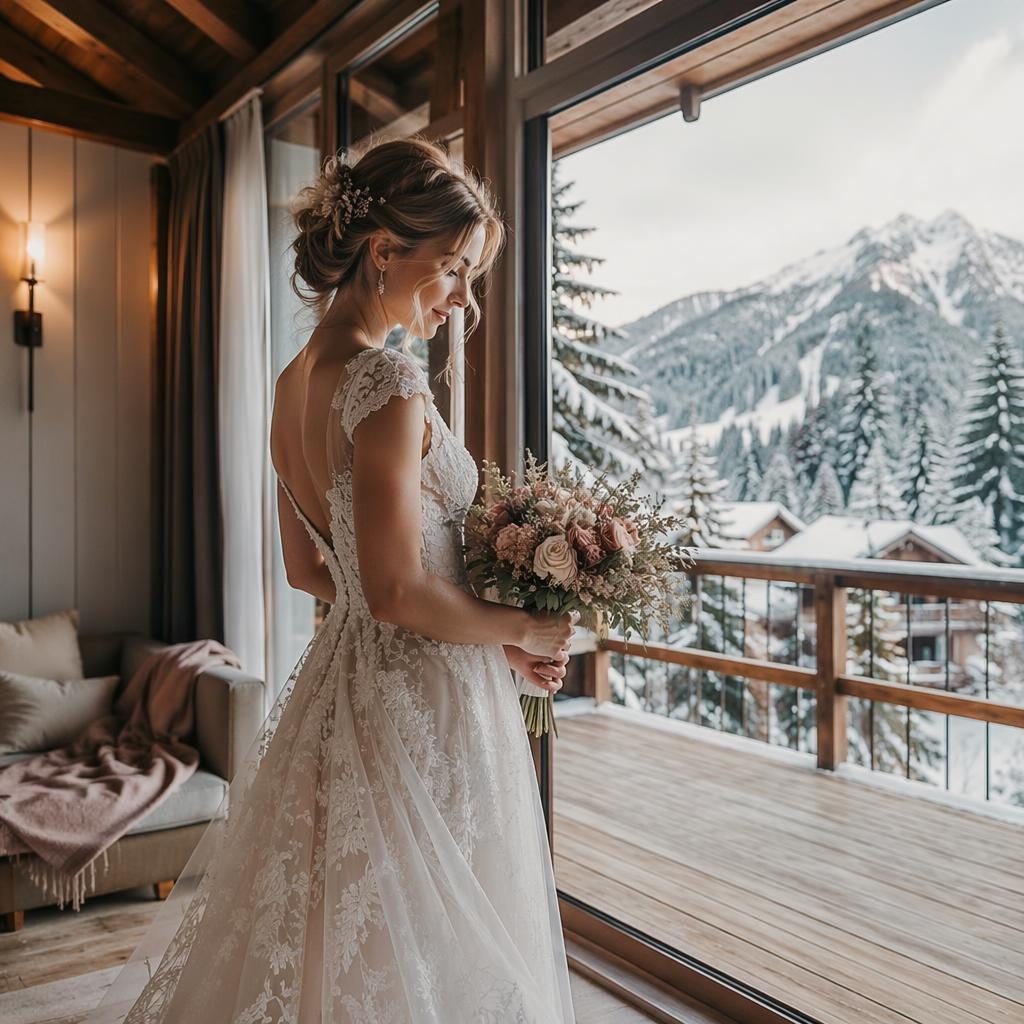 Novia preparándose en un chalet alpino nevado, con luz natural y estilo cinematográfico en tonos rosa empolvado.