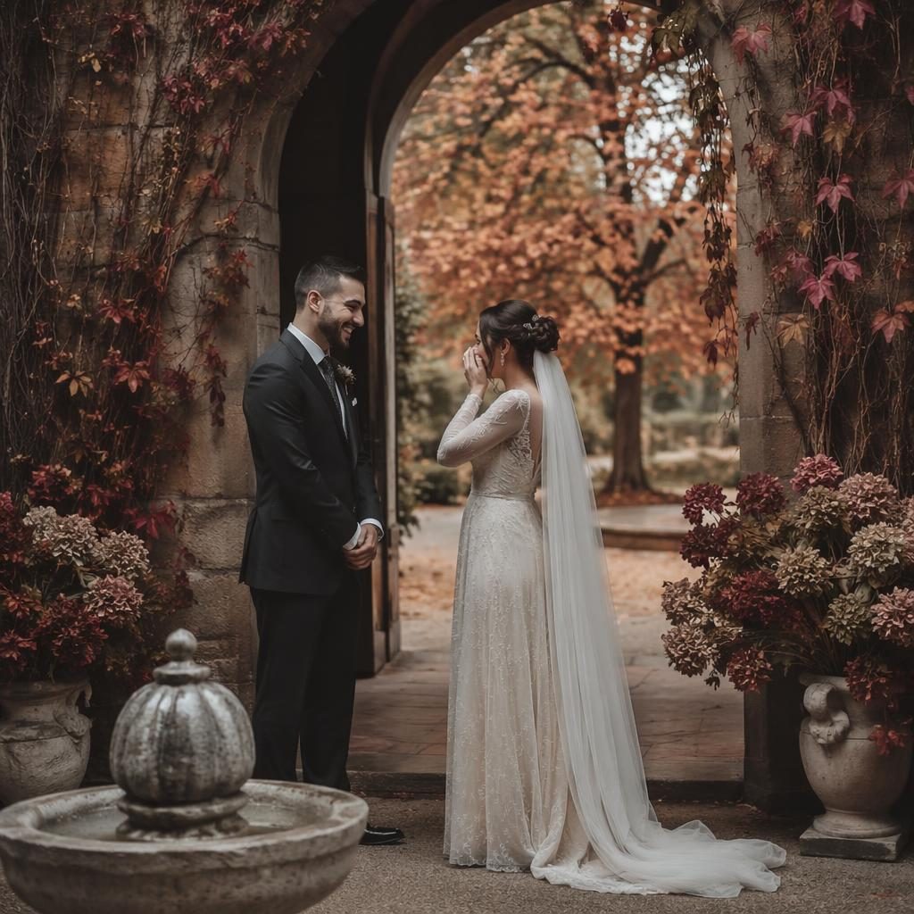 Pareja en primer vistazo dentro de un salón de baile elegante, tonos rosa empolvado y luz natural otoñal.