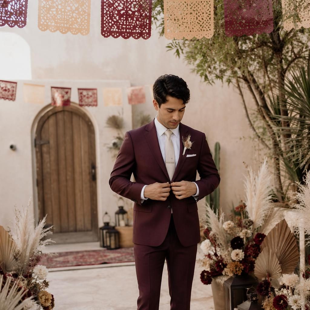 Groom getting ready at a minimalist desert hacienda wedding with papel picado, burgundy and gold autumn details