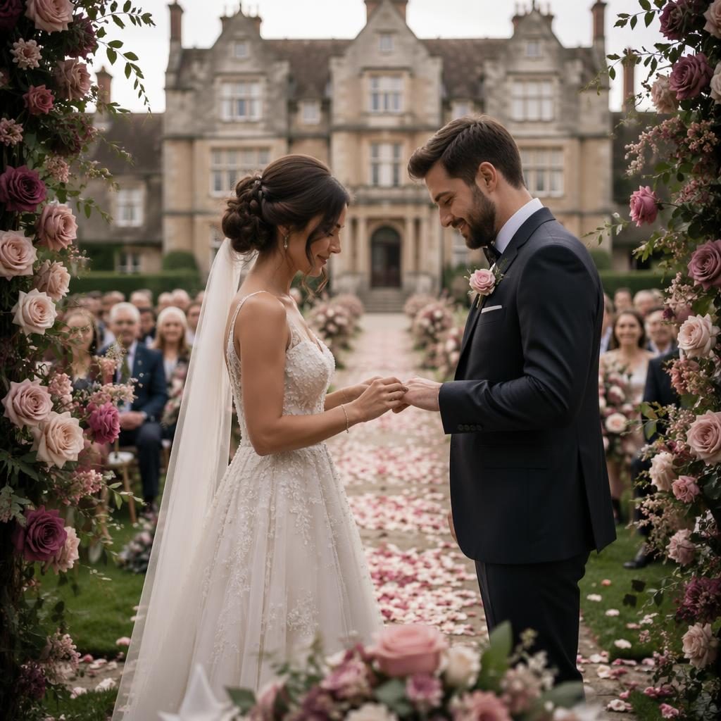 Couple exchanging rings on an English manor lawn ceremony at a tropical resort in winter, dusty rose cinematic style.
