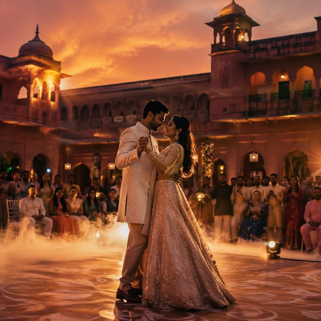 Couple sharing a first dance in a Rajasthan palace courtyard mehndi setting at a tropical resort, with dark moody sunset light.