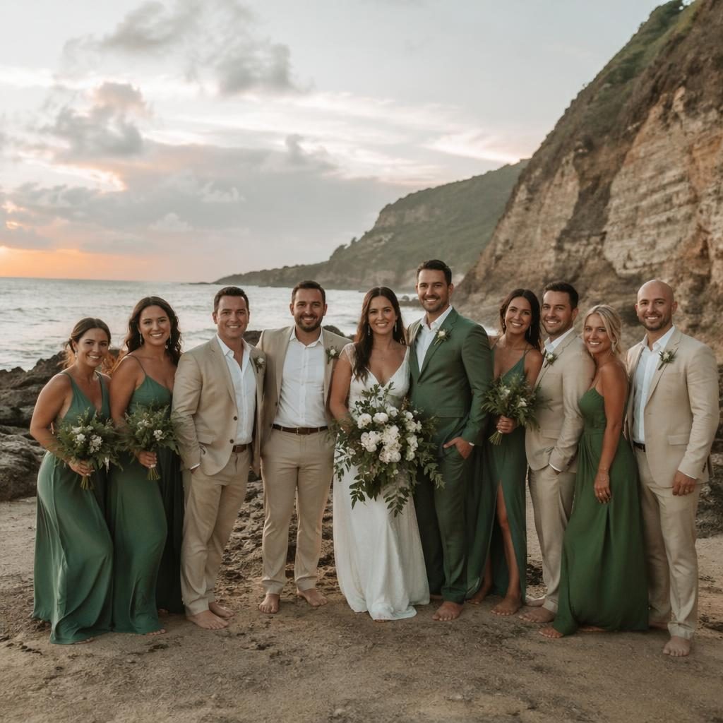 Wedding party group portrait at a cliffside ocean beach during a barefoot sunset ceremony in spring, natural light.