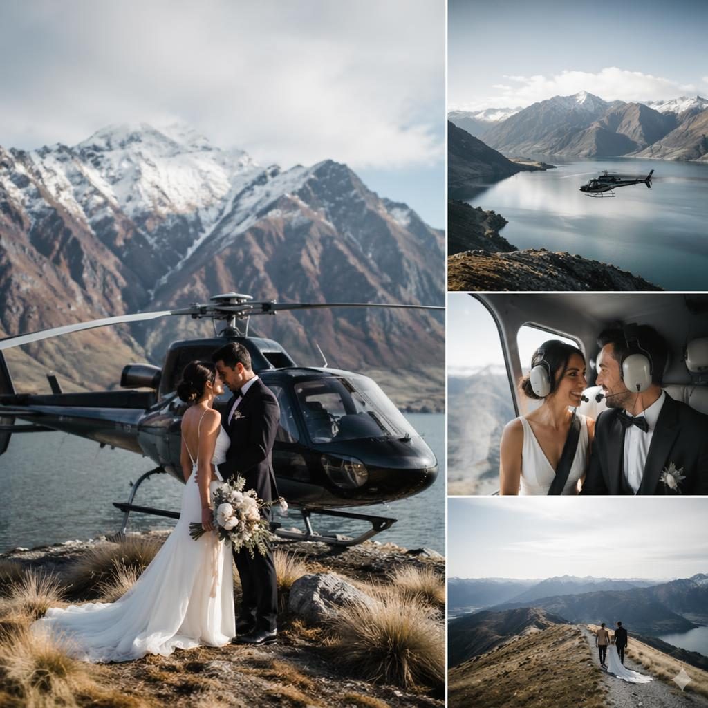 Brautpaar bei Eheversprechen an einem Strand mit winterlichen Eistönen, Bergkulisse und Helikopter in Neuseeland