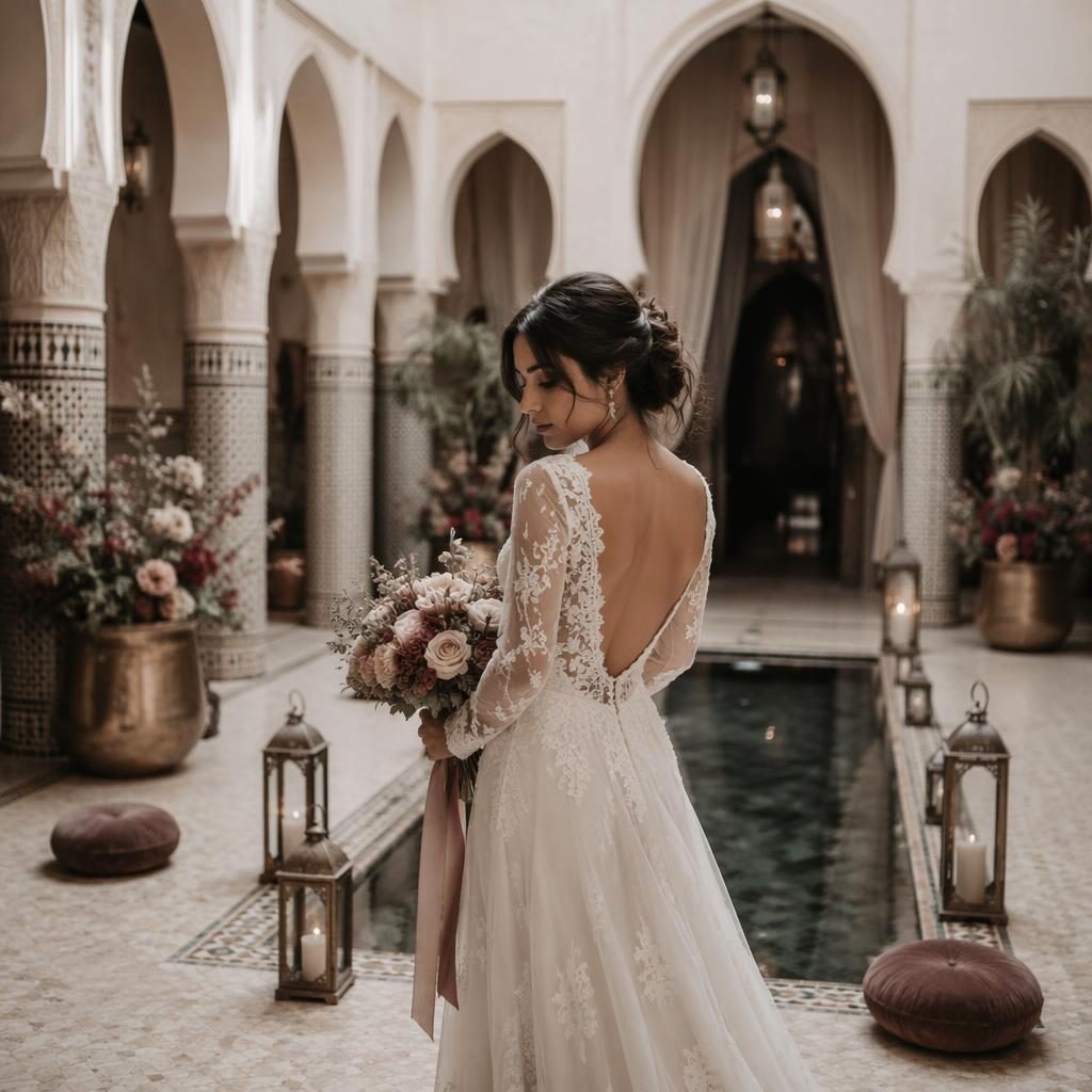 Bride getting ready in a Moroccan riad courtyard with dusty rose tones, winter light, and elegant cinematic wedding styling.