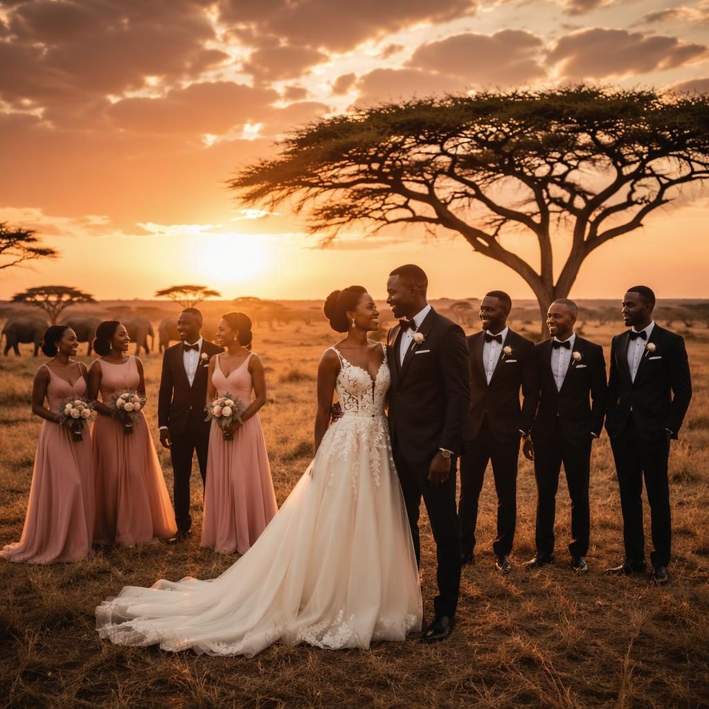Wedding party group portrait in an elegant ballroom with dusty rose decor and a dramatic African savannah sunset safari mood