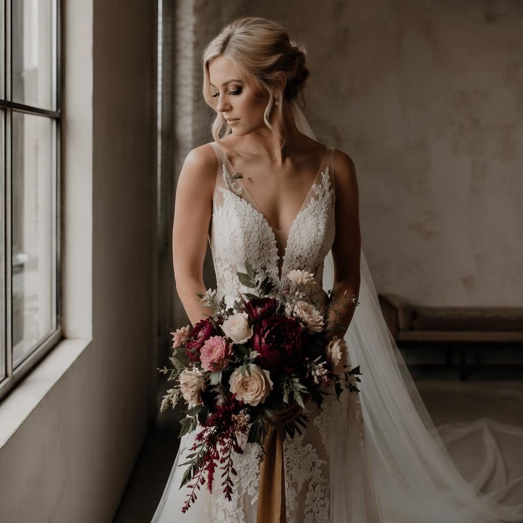 Bride getting ready by a window in a minimalist desert setting, soft pastel winter tones with burgundy and gold details.