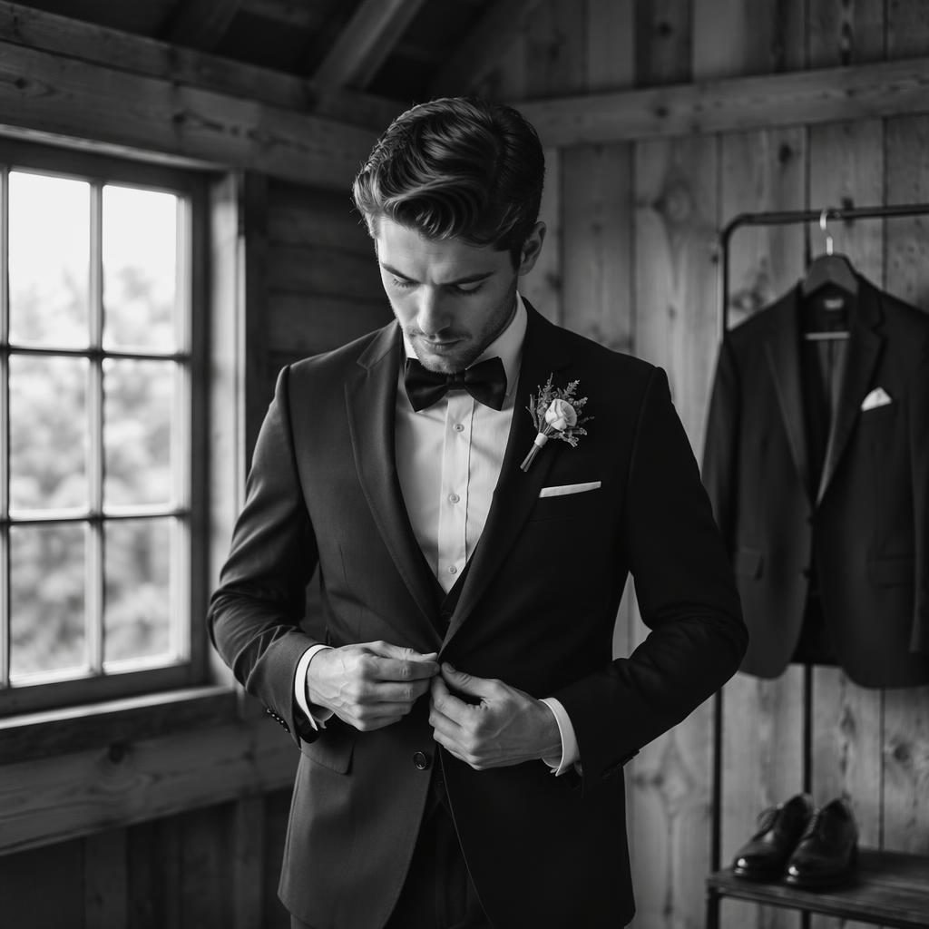 Black and white wedding photo of a groom getting ready in a rustic barn beside a spring tulip field in the Netherlands.
