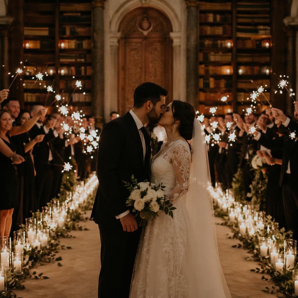 Bride and groom with guests holding sparklers in a candlelit historic castle library, sage and white wedding palette.
