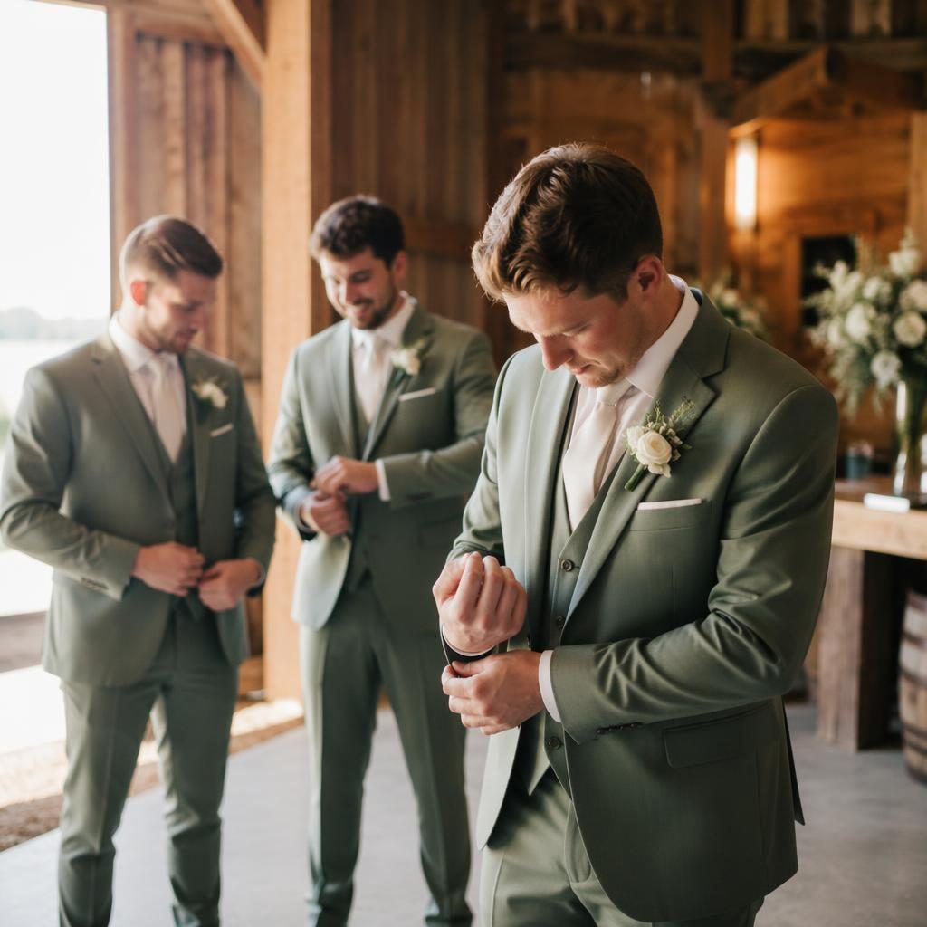 Groom getting ready on a Santorini cliff at sunset with blue domes, autumn tones, sage and white styling