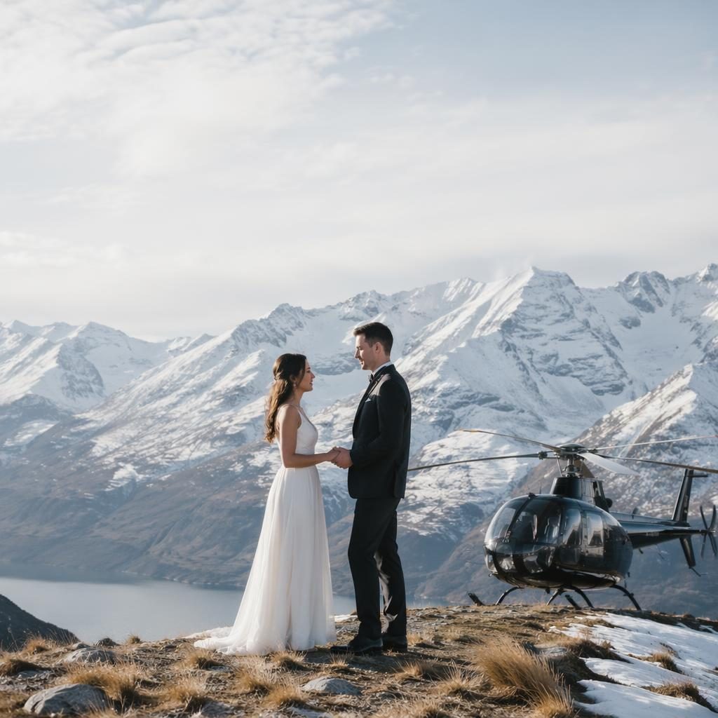 Couple exchanging vows in a minimalist desert setting with New Zealand mountains and a helicopter, in light airy winter tones.