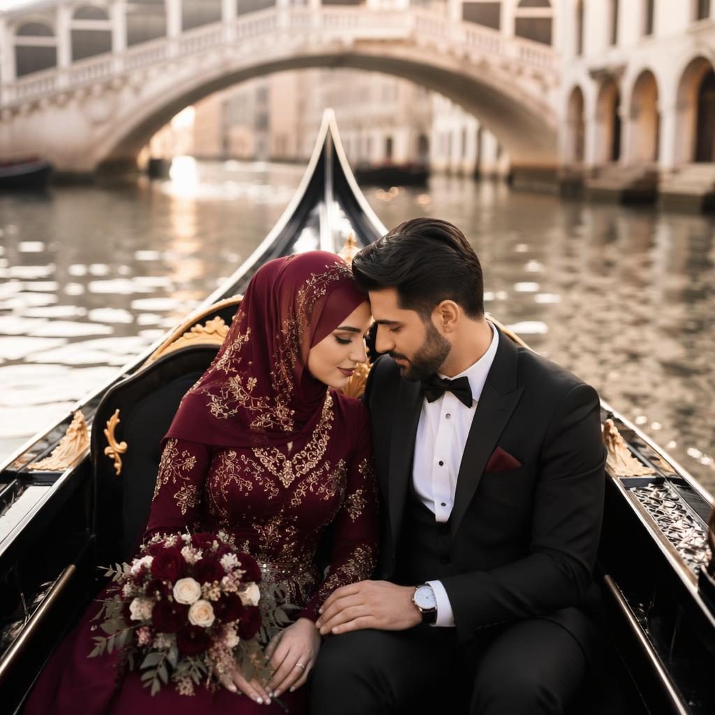 Couple in wedding attire posed closely on a Venice gondola, with soft pastel light, burgundy and gold tones, winter mood.