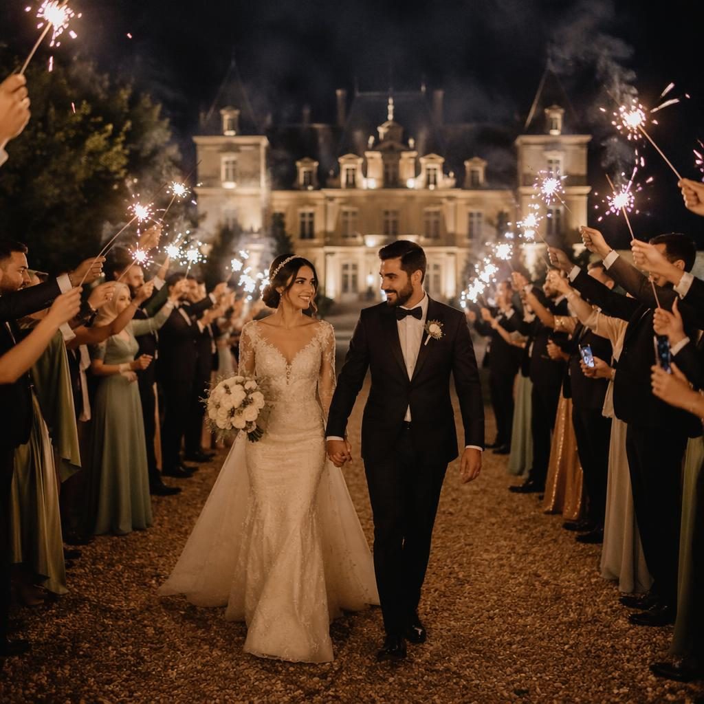 Couple de mariés au château en automne, sortie nocturne aux cierges magiques, palette sauge et blanc, lumière naturelle.