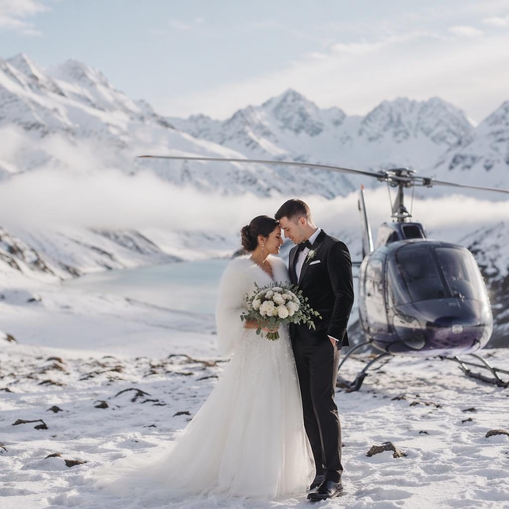 Brautpaar am Empfangseingang einer Strandhochzeit in Neuseeland, winterliche Eisfarben, Berge und Helikopter im Hintergrund