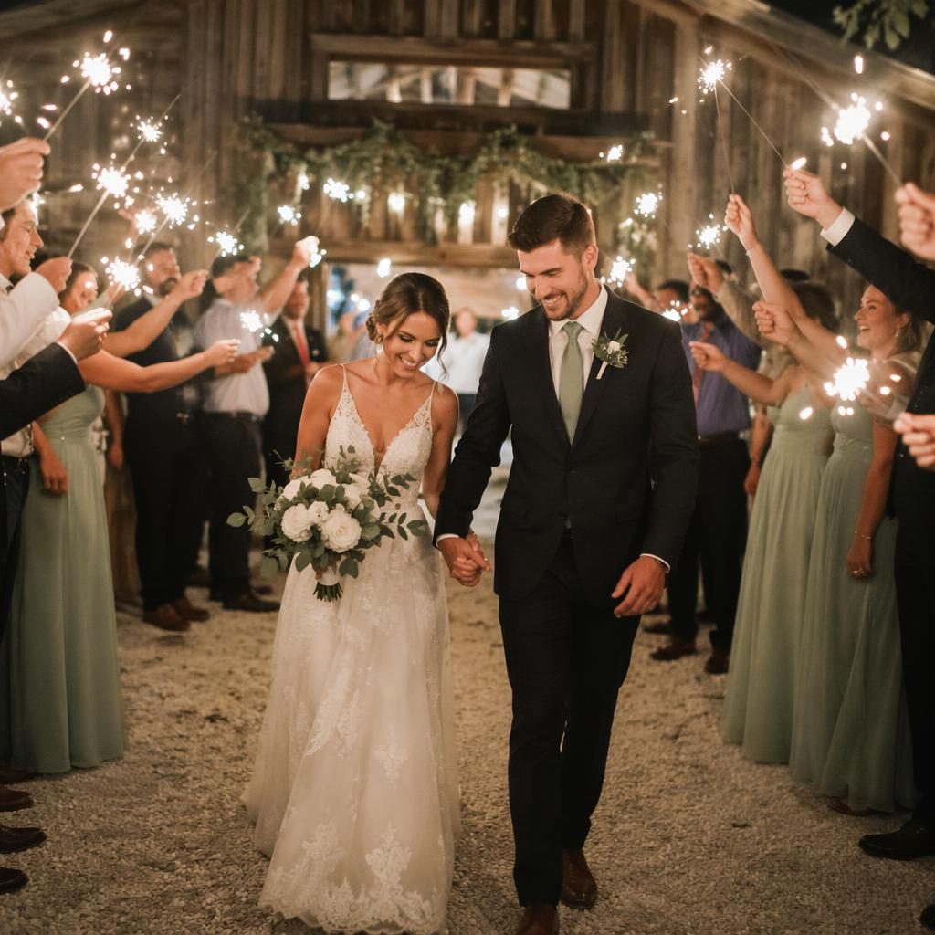 Wedding couple exits with sparklers at a rustic barn in autumn, sage and white decor, with a Positano cliff vineyard backdrop.