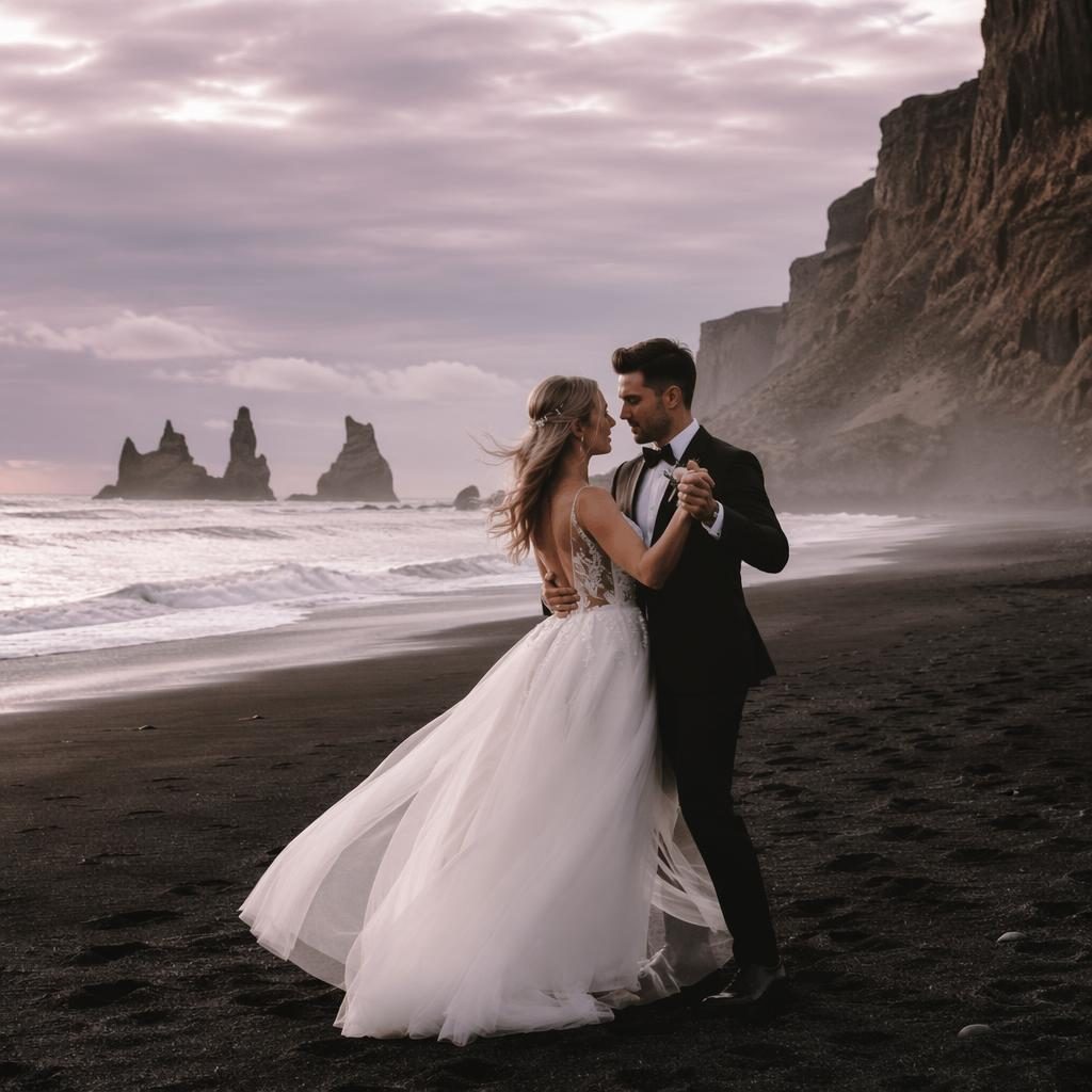 Couple shares first dance at a tropical resort with black sand beach, dusty rose tones, natural light, and cinematic framing.
