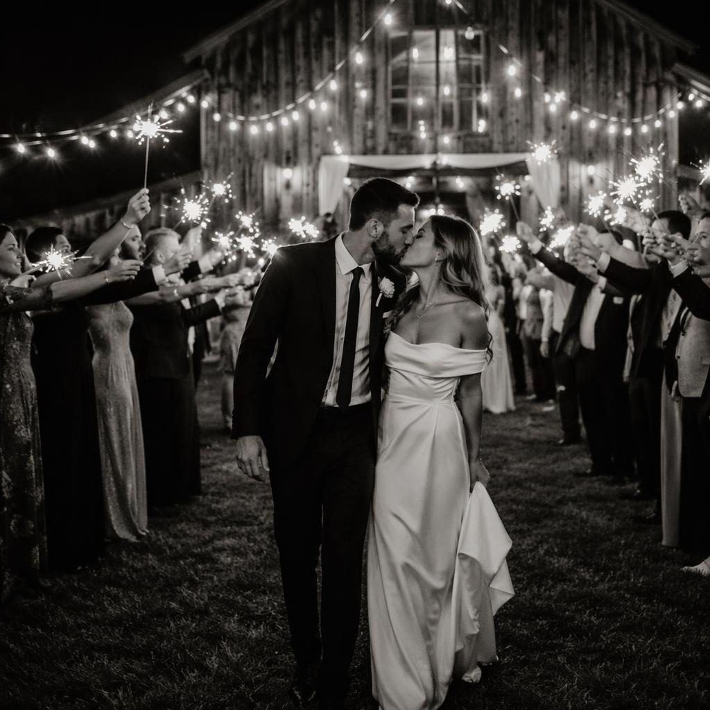 Pareja de novios con bengalas en una boda junto a un granero rústico y viñedo en acantilado, foto editorial en blanco y negro.