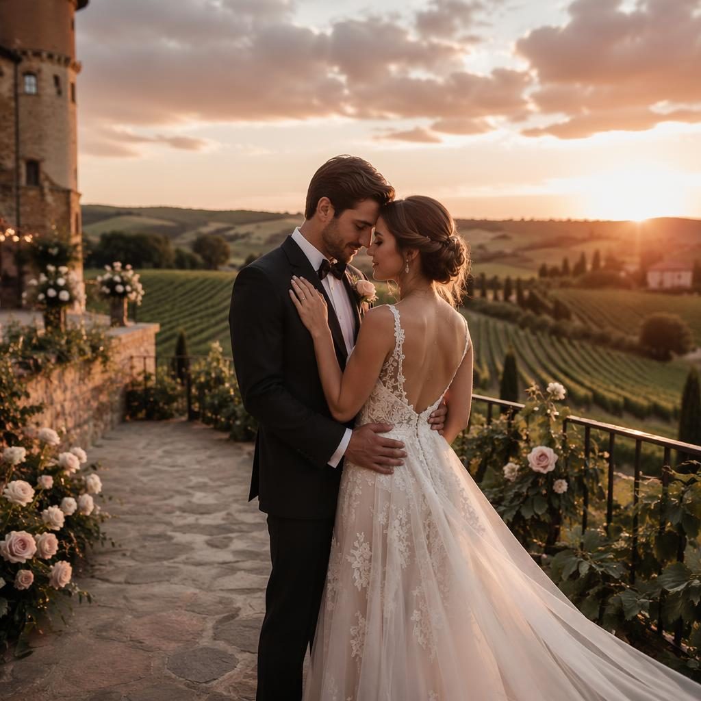 Bride and groom pose at sunset near reception details in a tropical resort setting with dusty rose decor and cinematic light.