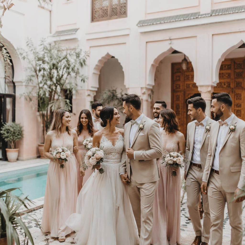 Groupe de mariage en photo spontanée dans la cour d’un riad marocain, tons blush et crème, lumière naturelle.