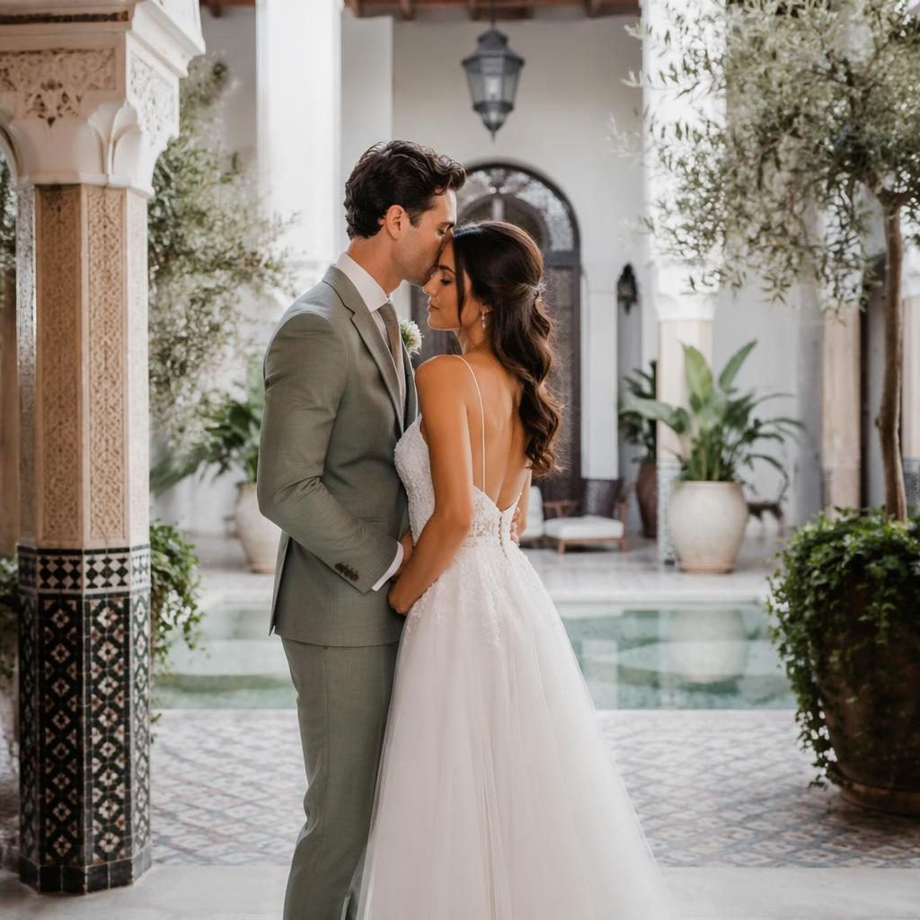 Pareja en sesión de preboda en un patio de riad marroquí, con luz natural, tonos salvia y blanco y estilo clásico.