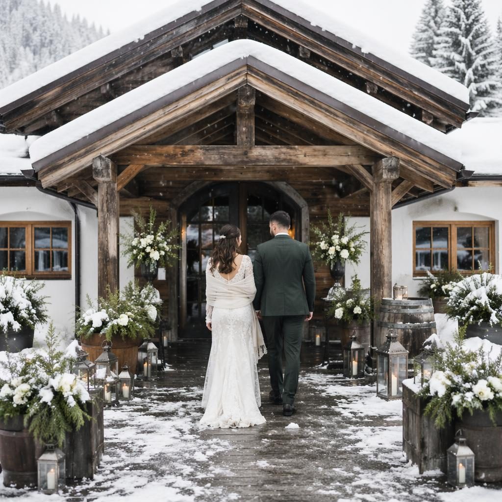 Brautpaar am Eingang eines verschneiten alpinen Chalets im Winter, natürliche Hochzeitsfotografie in Salbei und Weiß
