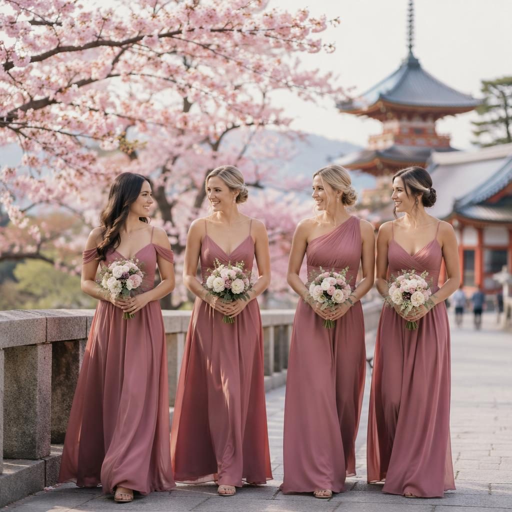 Bridesmaids and couple during wedding vows at a Kyoto temple with cherry blossoms, burgundy and gold accents, soft light