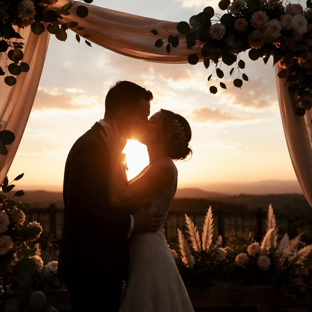 Silhouette d’un couple échangeant un premier baiser au coucher du soleil dans un jardin intime, tons blush et crème.