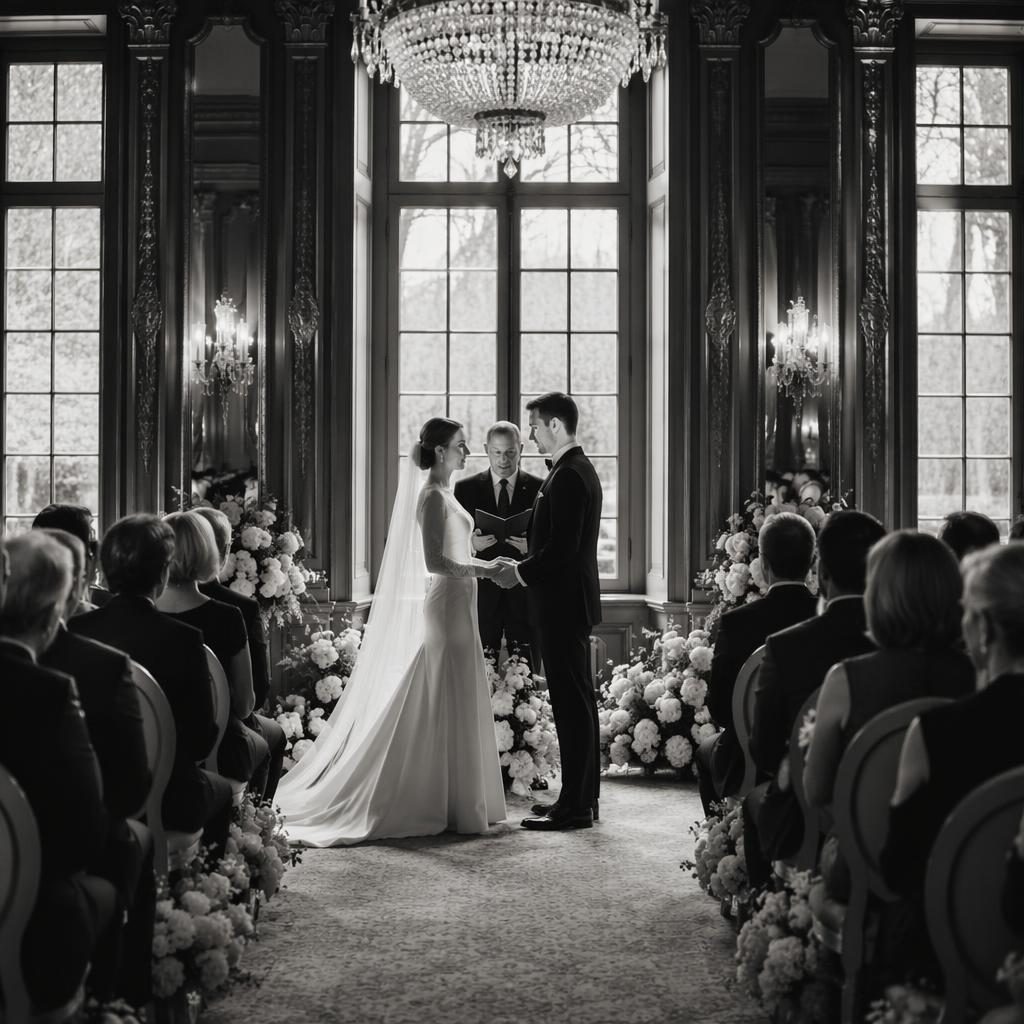 Couple échangeant ses vœux dans une salle de bal art déco de château, en hiver, photo de mariage noir et blanc