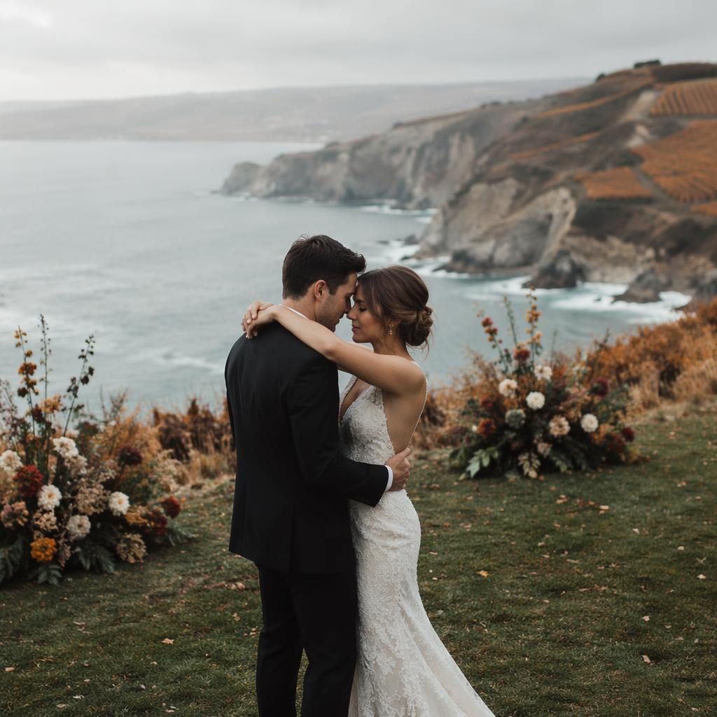 Pareja de novios bailando en un viñedo otoñal junto a acantilado y océano, con luz natural y tonos esmeralda y bronce.