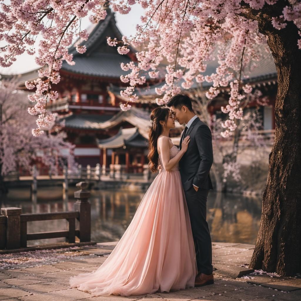 Couple at a Kyoto temple under cherry blossoms, cinematic natural-light portrait with dusty rose wedding styling.