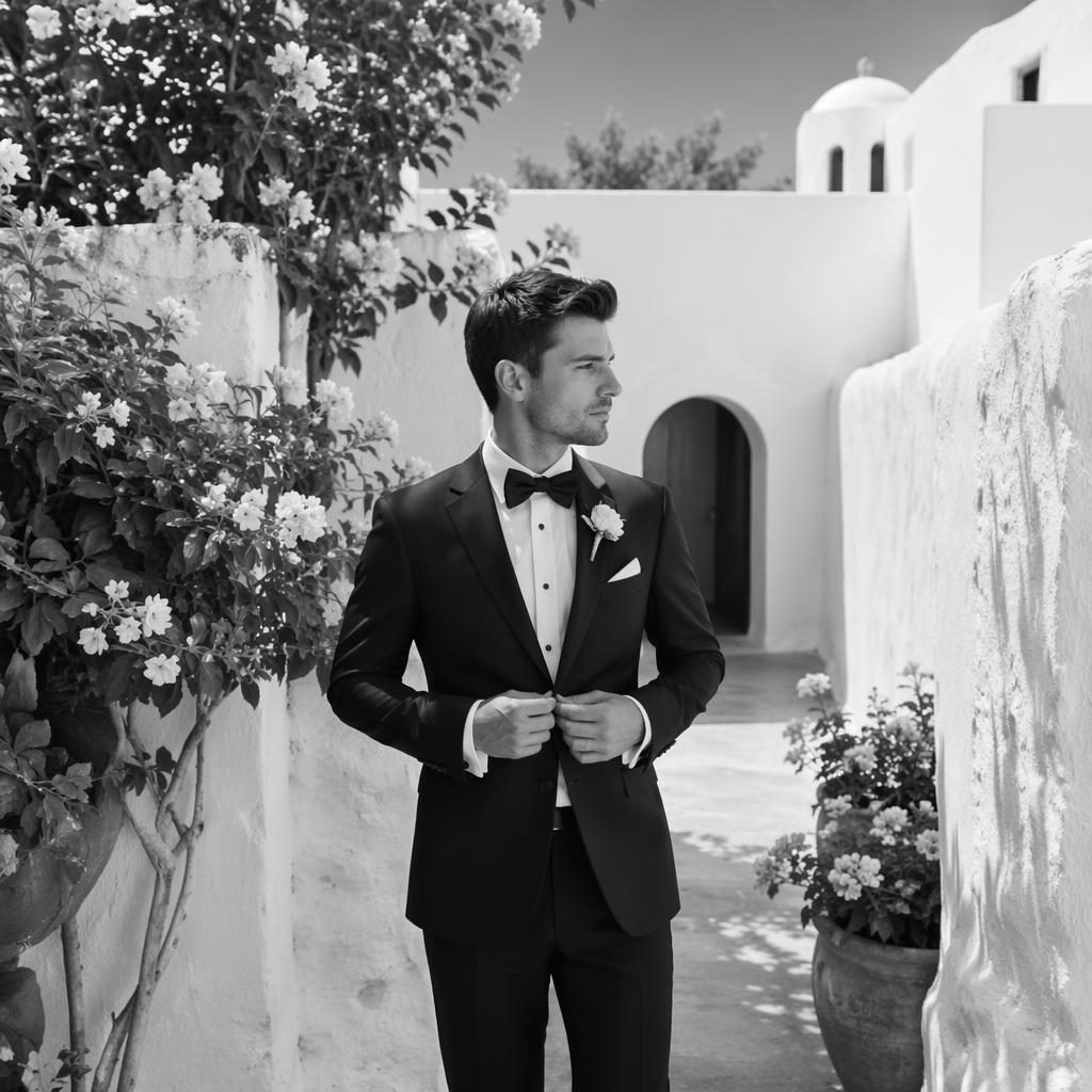 Black and white wedding photo of a groom getting ready at a whitewashed Greek island garden venue in late summer.