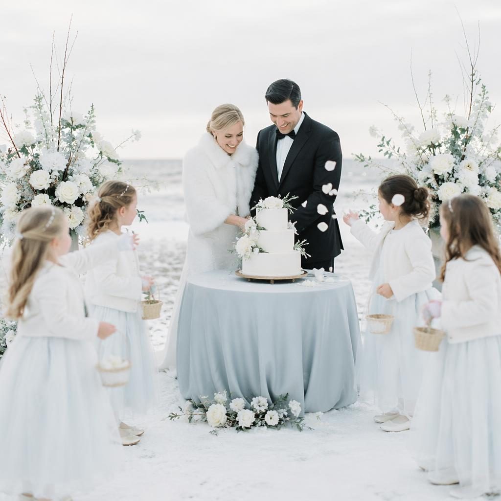 Bride and groom cut wedding cake on a winter beach as a flower girl throws petals in soft natural light.