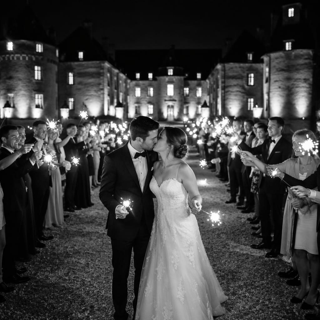 Brautpaar mit Wunderkerzen bei einer Winterhochzeit am Château, schwarz-weiß, mit rustikaler Scheune und Lichterketten.