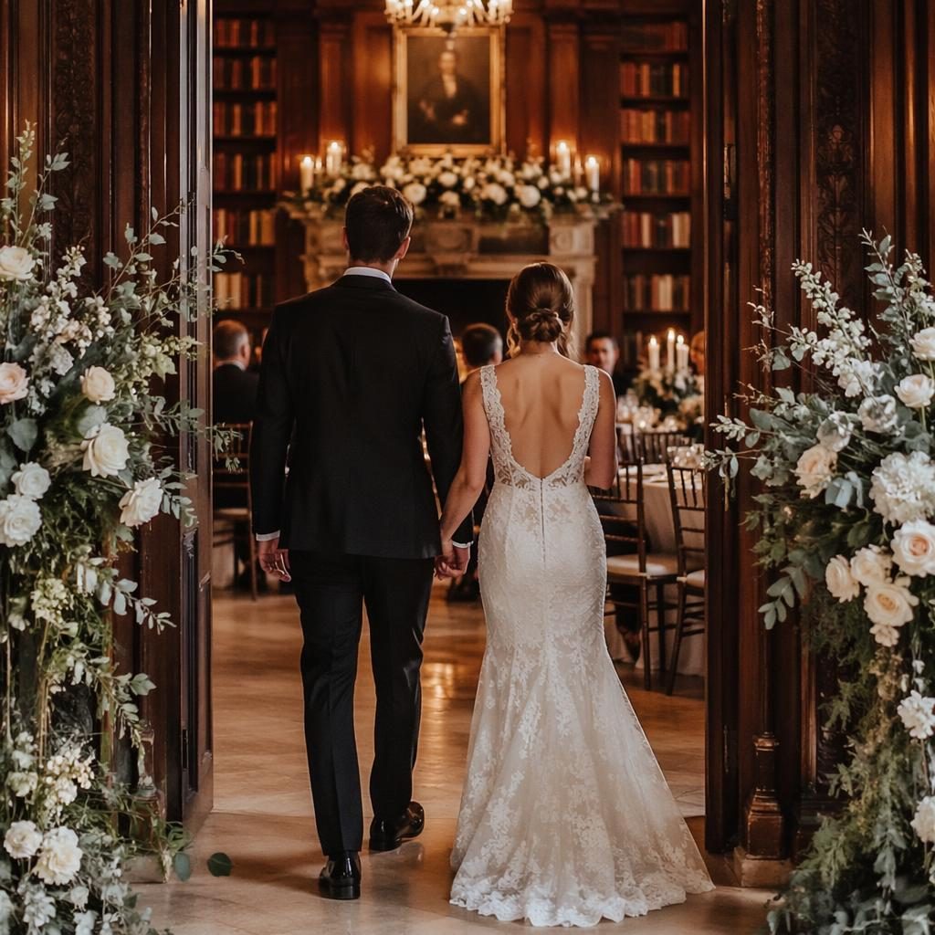 Wedding reception entrance in a historic castle library with candlelight, airy natural tones, and elegant beach-destination styling