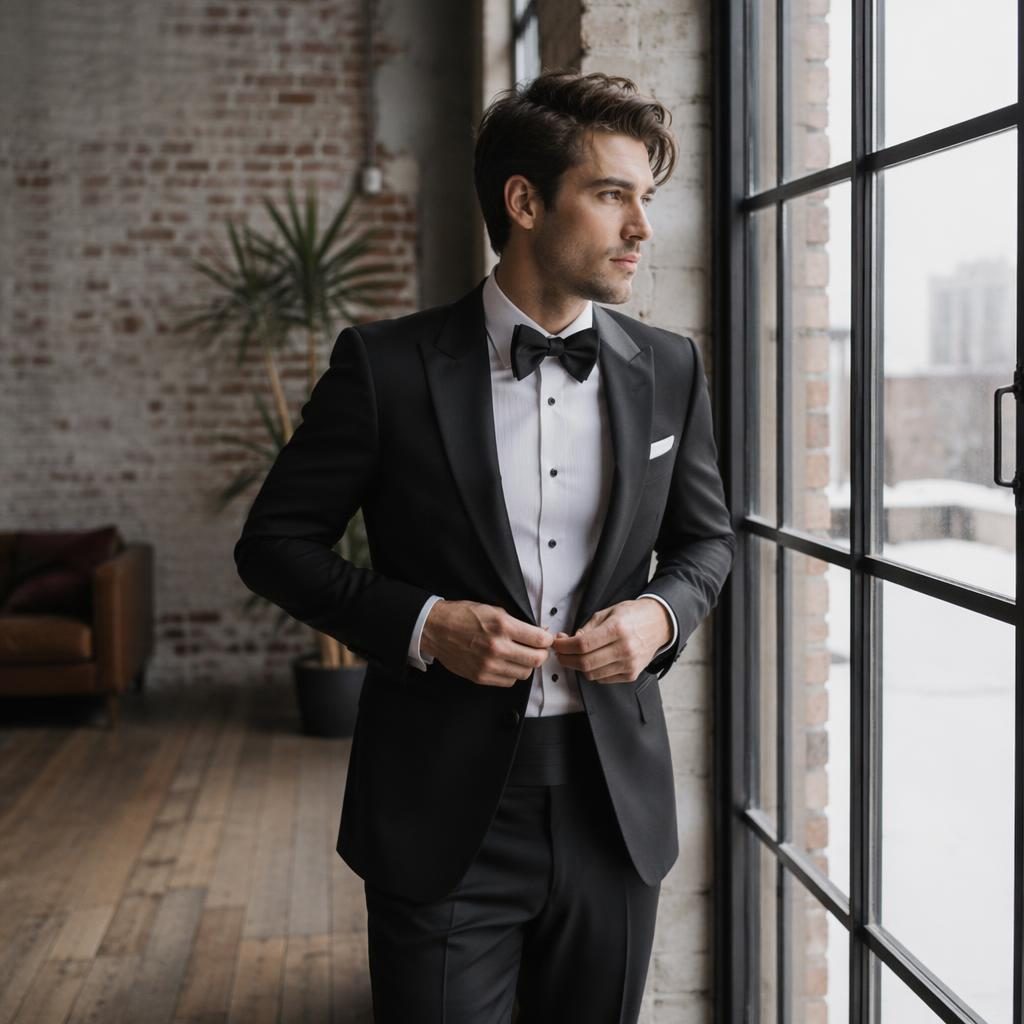 Groom getting ready in an urban industrial loft with winter ice tones, natural light, and airy wedding editorial styling.