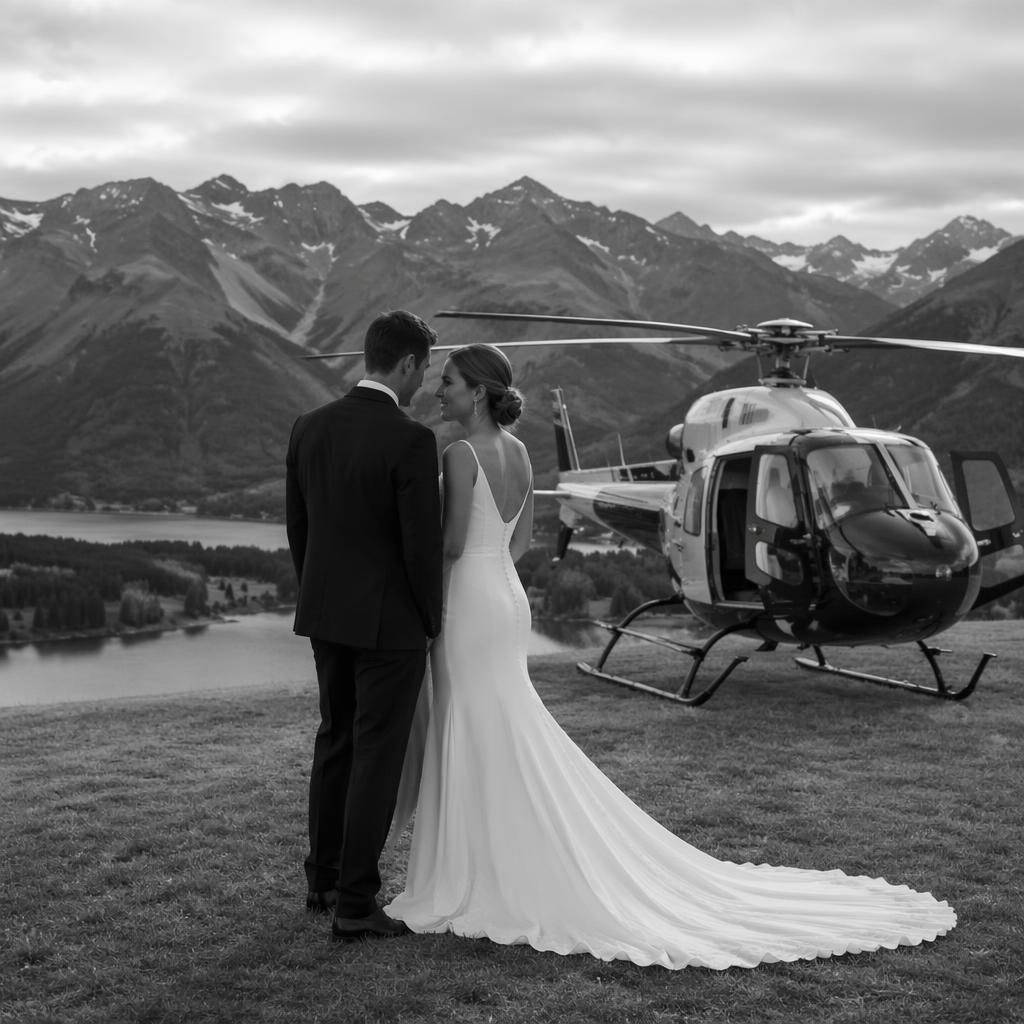 Bride and groom exchange vows at a château wedding, black and white editorial style with mountain helicopter backdrop