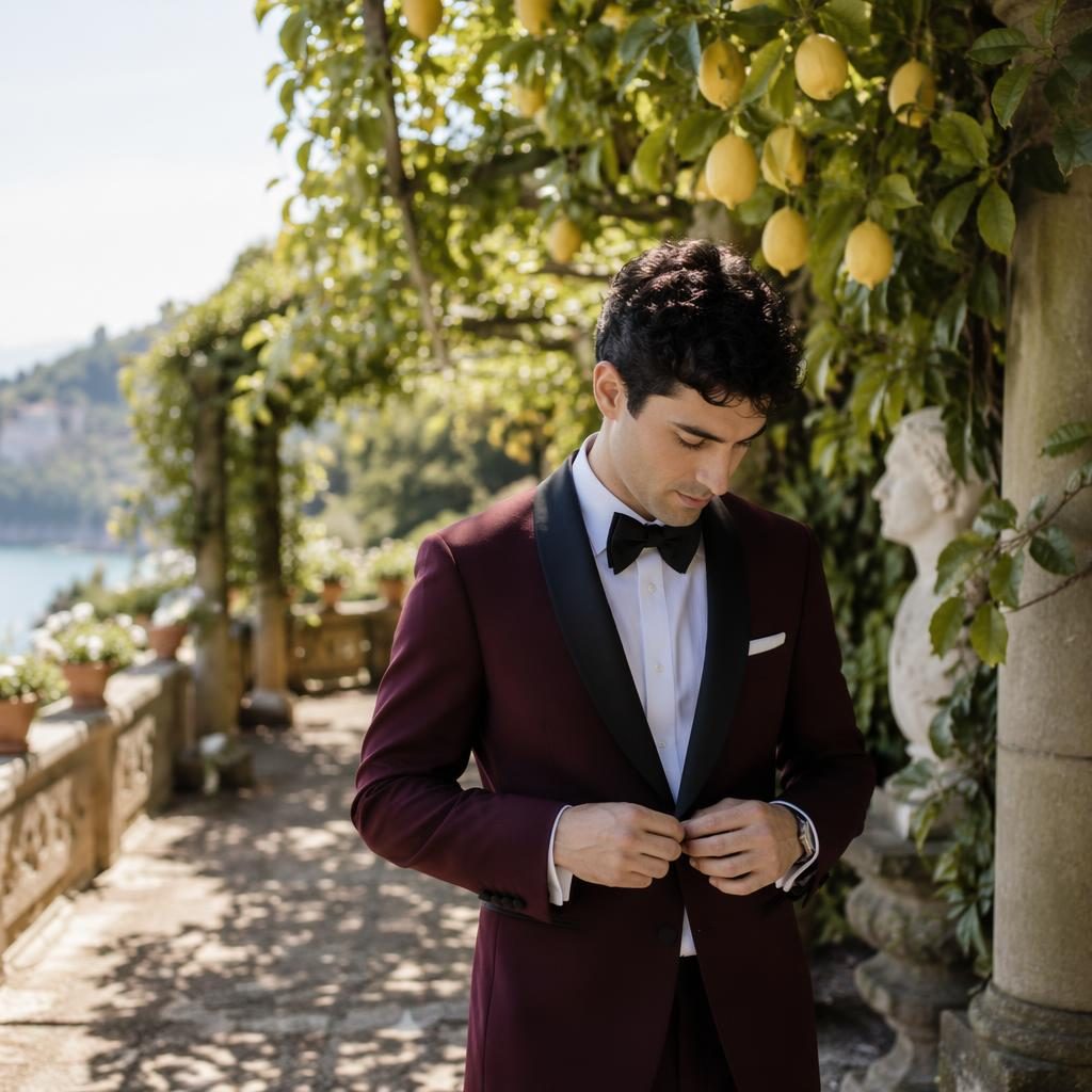Marié en préparation pour son mariage sur une plage, lumière naturelle, tons bordeaux et or, ambiance romantique pastel.
