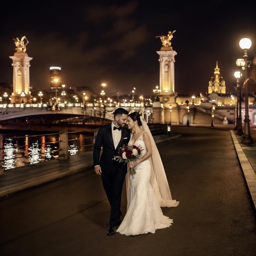 Entrée de réception de mariage minimaliste sur un pont de la Seine la nuit, tons bordeaux et or, lumière naturelle douce.
