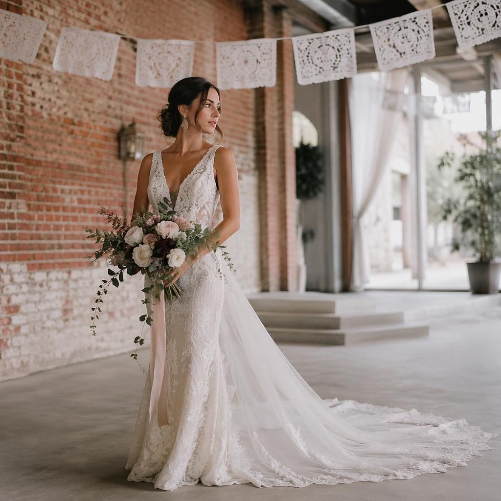 Bride and groom with sparklers in an urban industrial loft, light airy style, winter ice tones, papel picado decor
