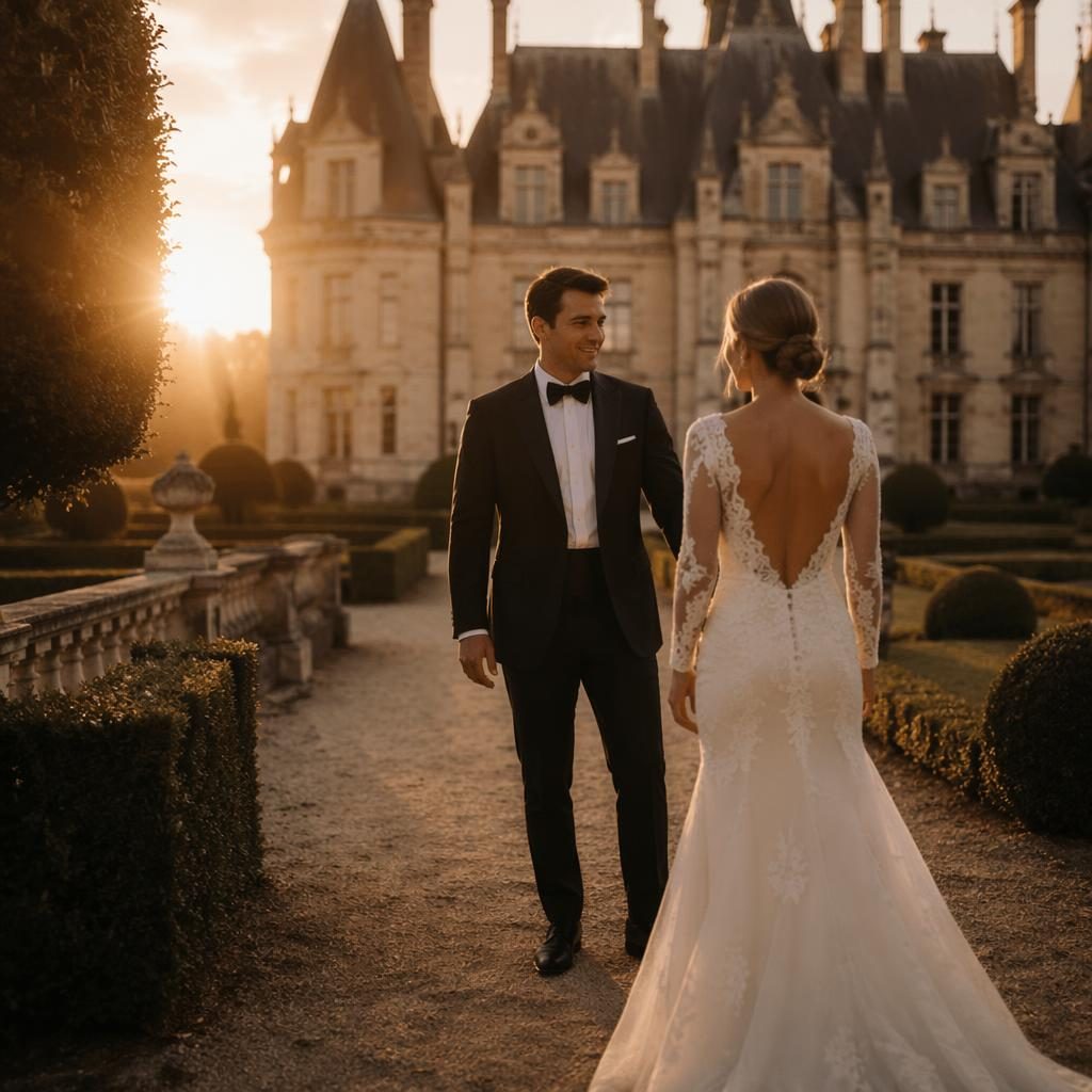 Couple sharing a first look in a French chateau garden at sunset with dark moody tones and elegant wedding styling