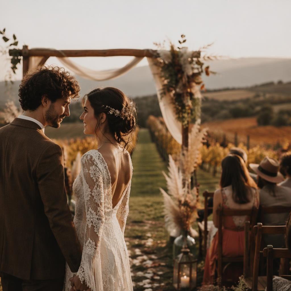 Mariée en préparation dans un resort tropical, cérémonie dans un vignoble d’automne au coucher du soleil, ambiance sombre