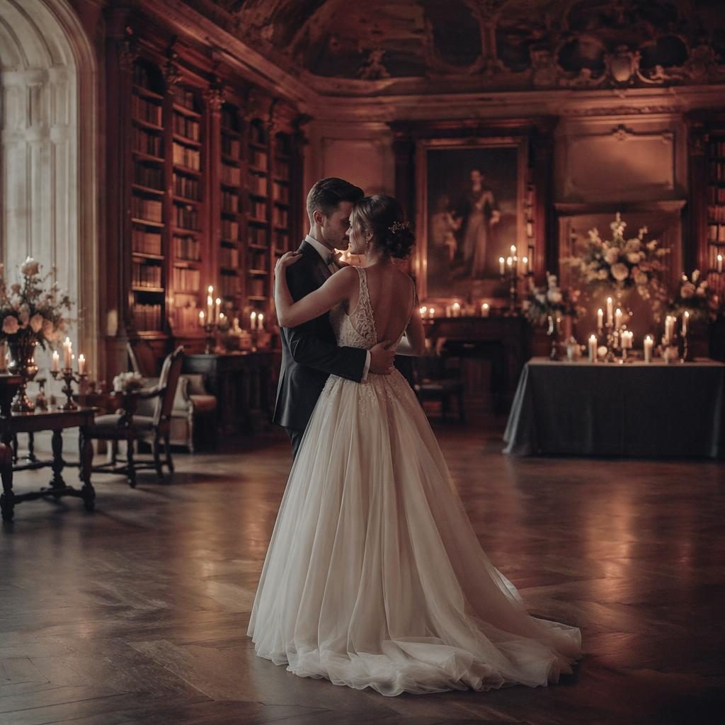 Brautpaar beim ersten Tanz in einer historischen Schlossbibliothek im Kerzenschein, elegante Ballsaal-Atmosphäre